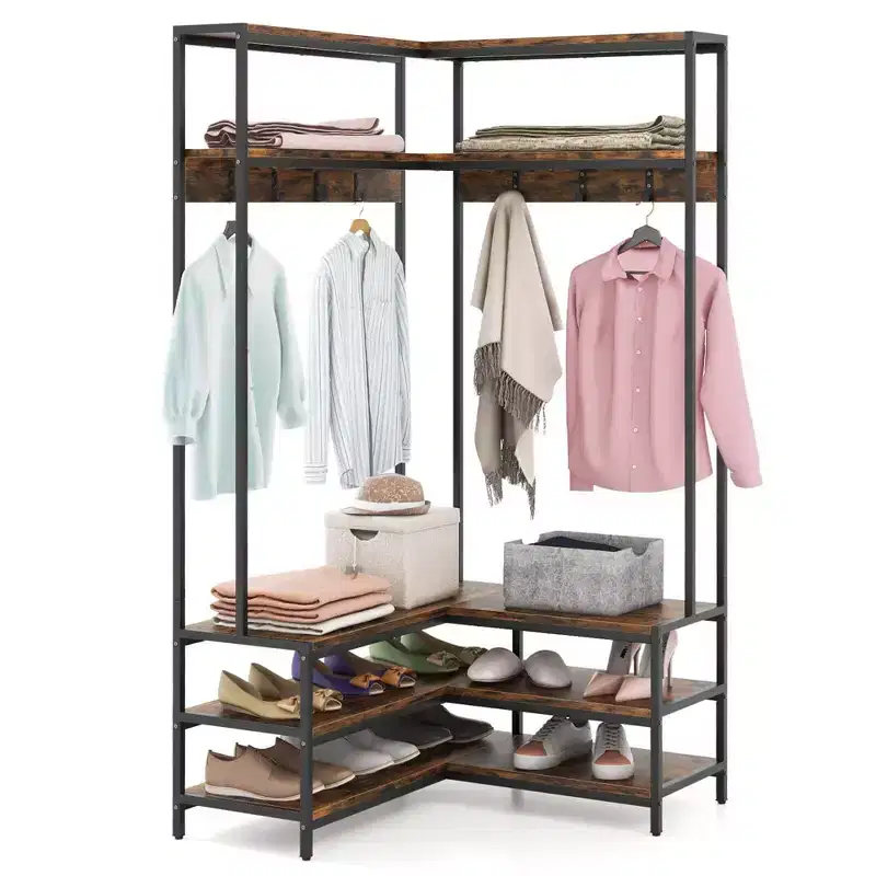 Corner Garment Rack L-shaped Clothes Rack with Open Shelves & Adjustable Foot Pads