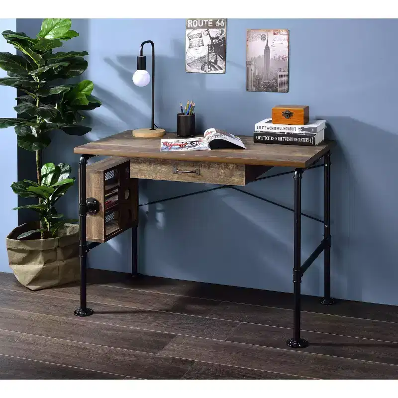 Endang Writing Desk Weathered Oak/Black - Acme Furniture: Metal Frame, Space-Saving 39 Surface