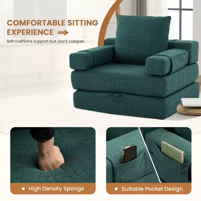 Fold-Down Convertible Sleeper Sofa Chair with Removable Armrests & Washable Cover