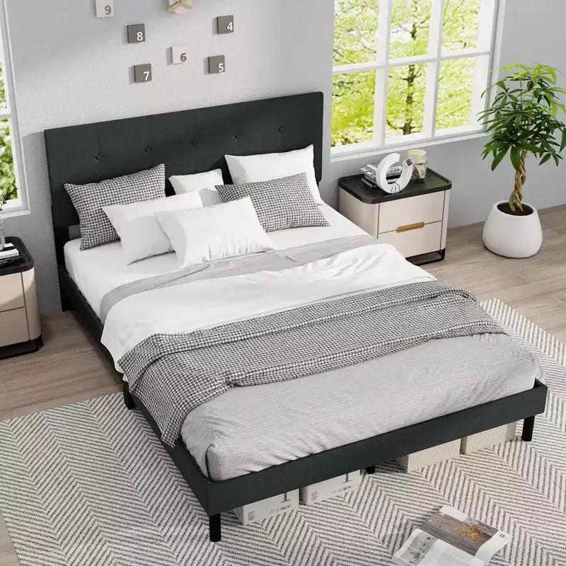 Queen Size Linen Upholstered Platform Bed Frame with Tufted Headboard