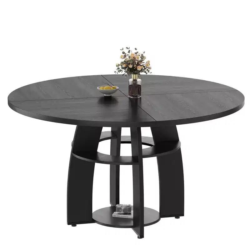 47 in Round Dining Table for 4-6, Modern Wood Circle Kitchen Table with Storage Shelf & Adjustable Feet for Dining Room, Living Room, Apartment