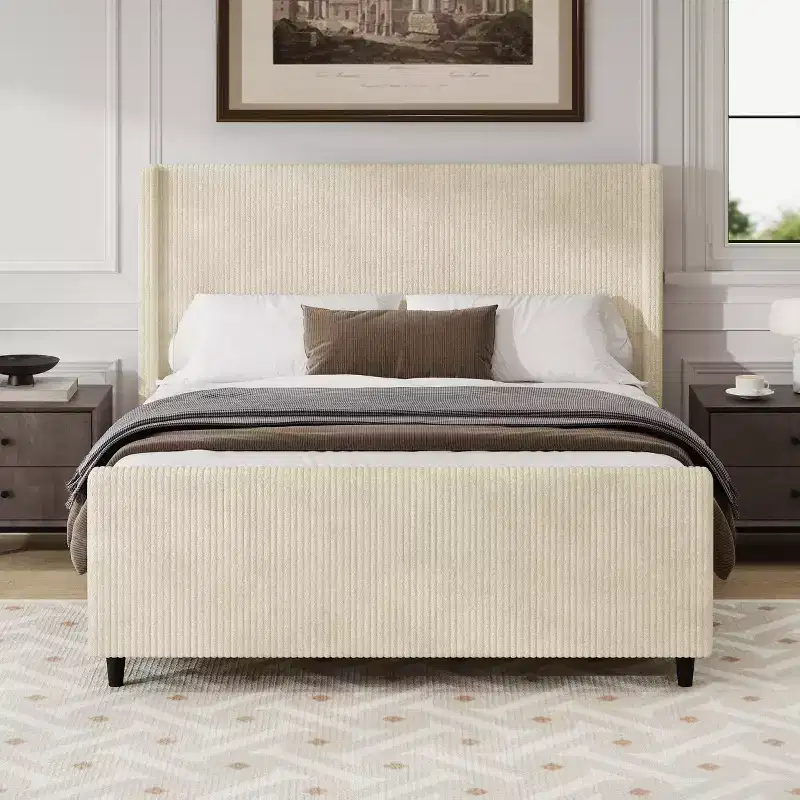 GDFStudio Shelley Corduroy Upholstered Platform Bed Frame with Wingback Headboard and High Footboard