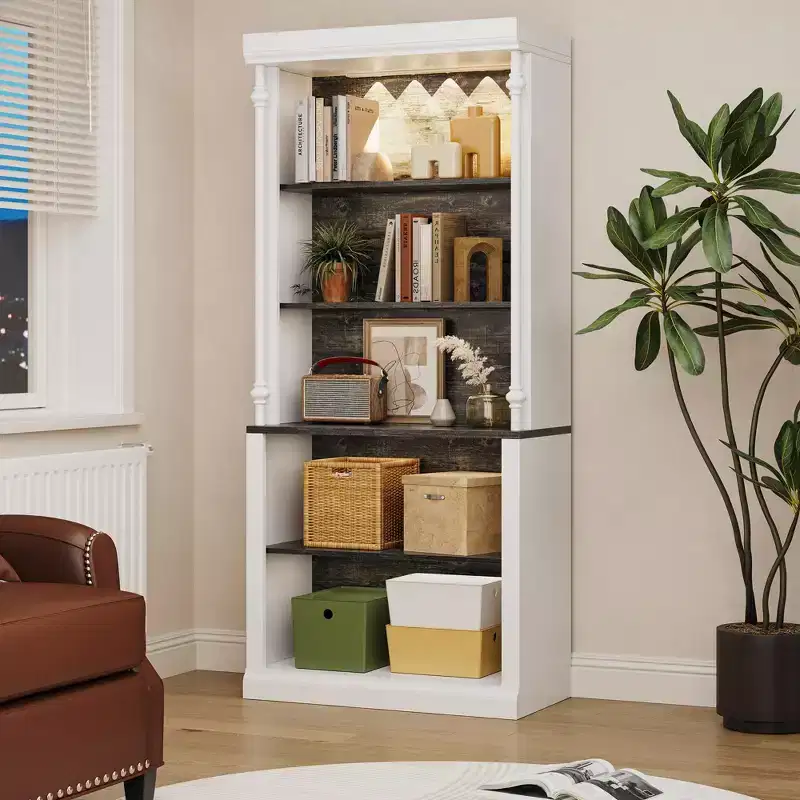 Kitchen pantry cabinet with LED lighting and overhead storage, suitable for dining rooms and living rooms.