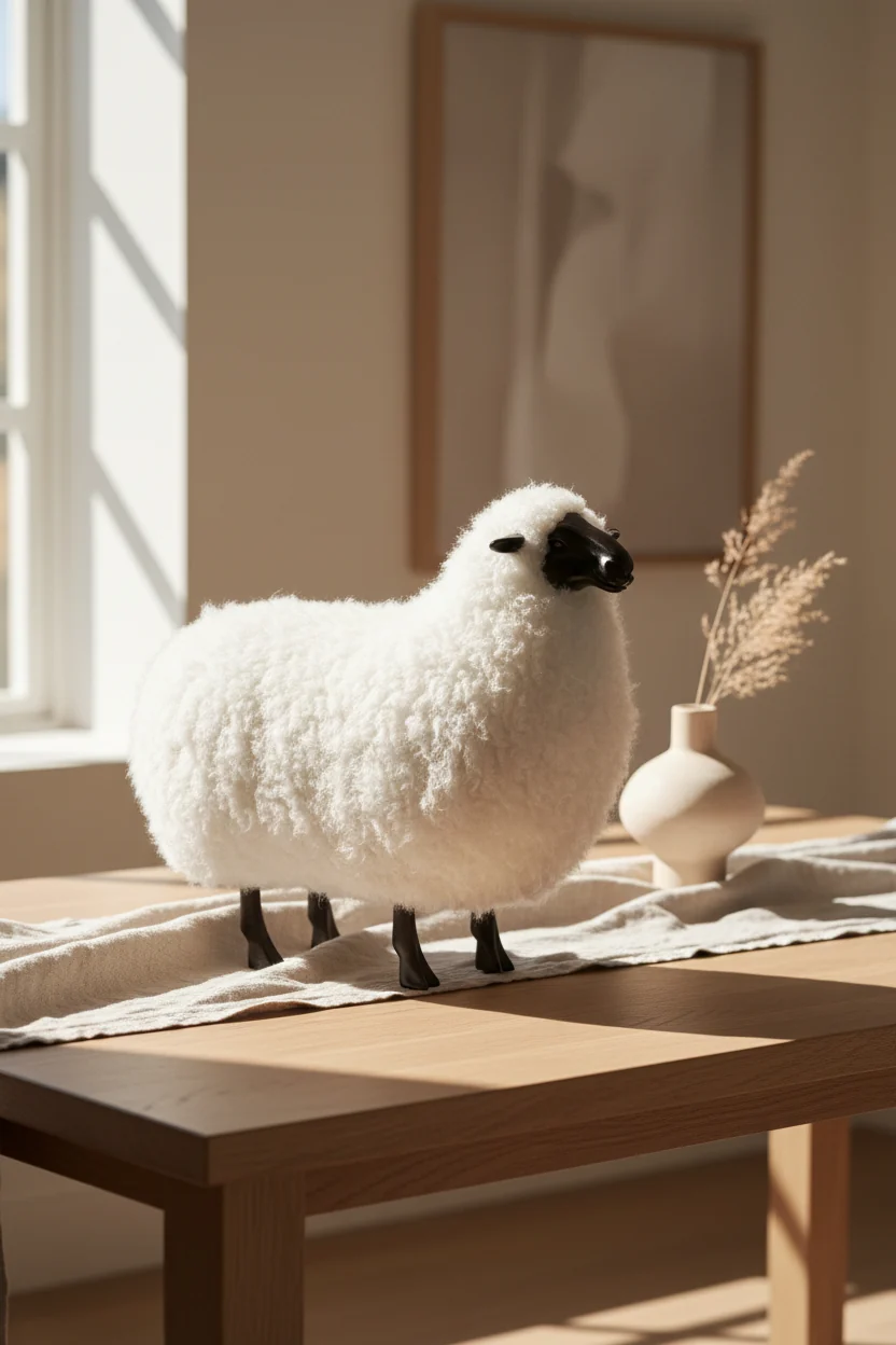 Nordic Iron & Sheepskin Sheep Sculpture with Bronze-Patina Frame for Living Room & Study
