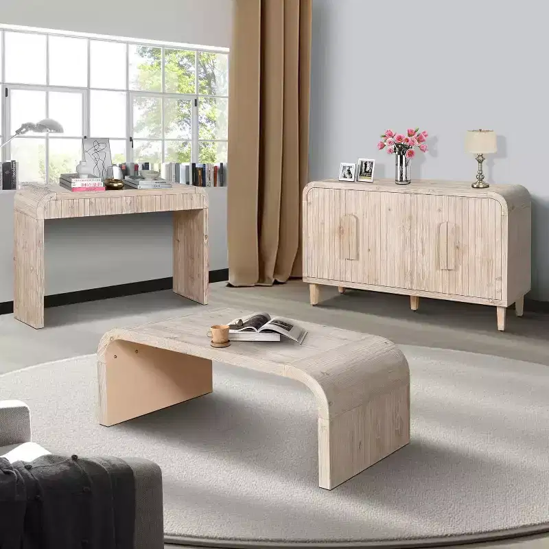 Center Table, Farmhouse Vintage Crafts Wood Coffee Table, Rectangular Modern Minimalistic Curved Art Deco Design Side Table White