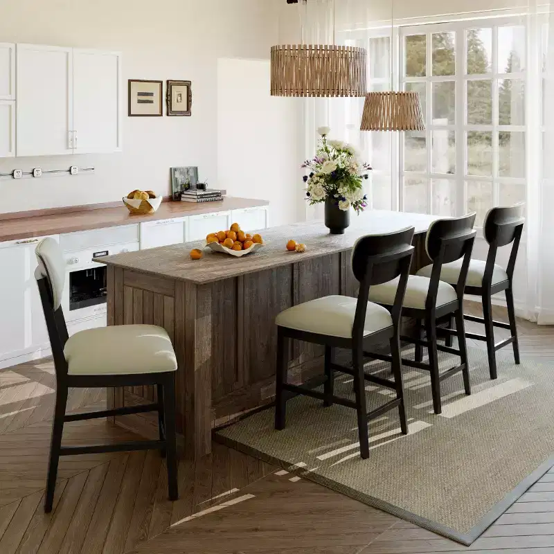 Solid Wood Farmhouse Upholstered Counter Height Bar Stools with Curved Back