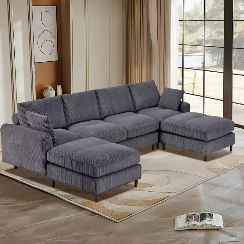 6-Seat Modern Corduroy Modular Sectional Sofa U-Shaped Convertible L-Shaped Design with Ottoman and Pillows for Living Room Office Gray
