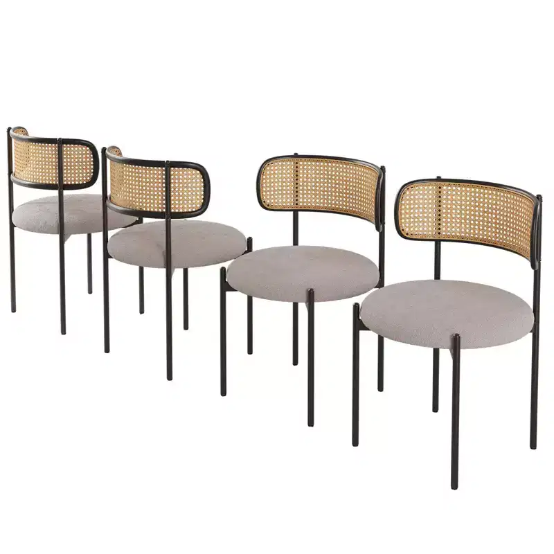 PexFix 4Pcs Modern Upholstered Dining Chairs Rattan Back Dining Room Chairs Accent Kitchen Chairs with Metal Legs Light Gray