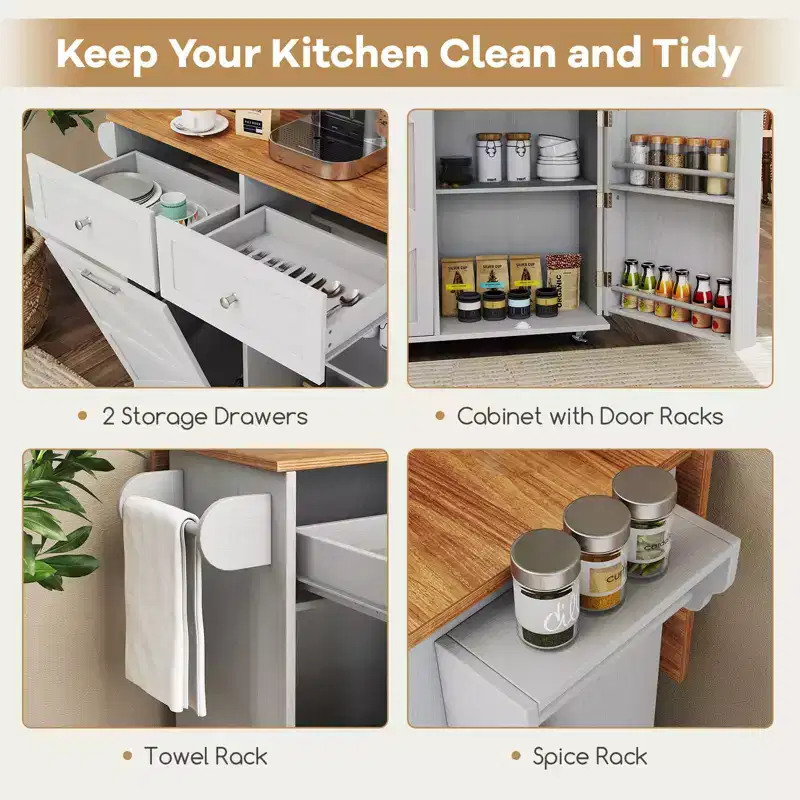 Costway Rolling Kitchen Island Kitchen Island Cart with Drop Leaf Trash Can Cabinet Black/White