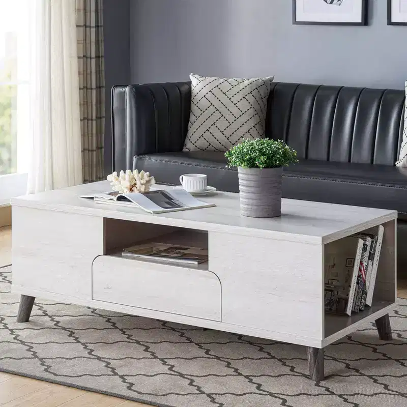 Frelmer 1 Drawer Coffee Table White Oak/Distressed Gray - miBasics: Mid-Century Modern, Flared Legs, Fixed Shelves