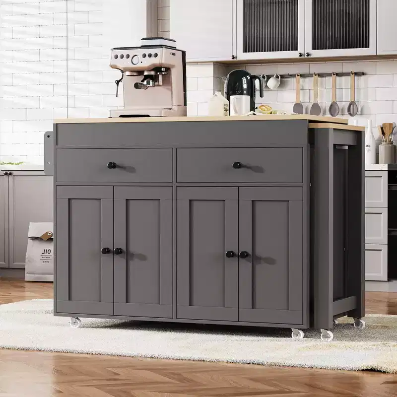 GDFStudio Galen 74.5 Rolling Kitchen Island with Extendable Dining Table, 2 Drawers and 4 Door Cabinet