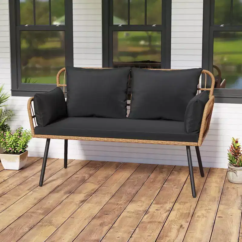 Costway Patio Wicker Loveseat Furniture with Seat Back Cushions, Heavy-Duty Metal Legs Off-White/Black