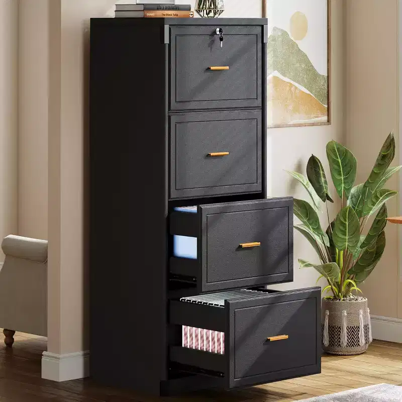 Lantine 4-Drawer File Cabinet with Lock and Key, Tall Wooden Vertical Filing Cabinet for Legal/Letter/A4 Files, Home Office Storage, Black