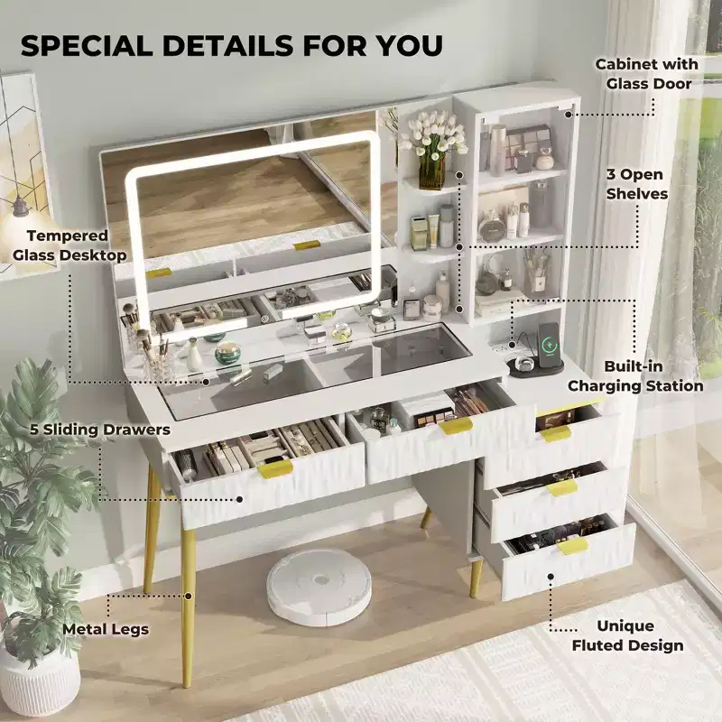 48 Vanity Desk with Mirror and Lights, Makeup Vanity with Glass Top and 3 Lighting Modes Mirror & 5 Drawers,White