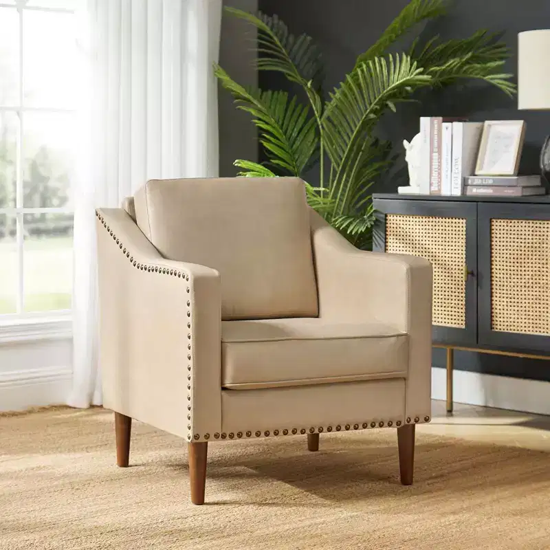 Vegan Leather Armchair with Solid Wood Legs – Modern Accent Chair