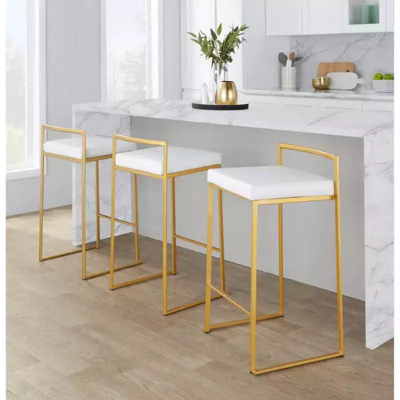 LumiSource Set of 3 Fuji Stacker Counter Height Barstools Gold/White PU