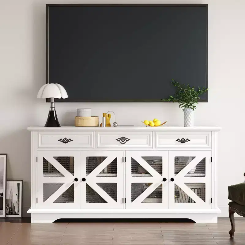 70 Sideboard Buffet Cabinet, Wooden Coffee Bar Cabinet with 3 Drawers & 4 Mesh Barn Doors, Entryway Console Table, Floor Cupboard Cabinet for Kitchen