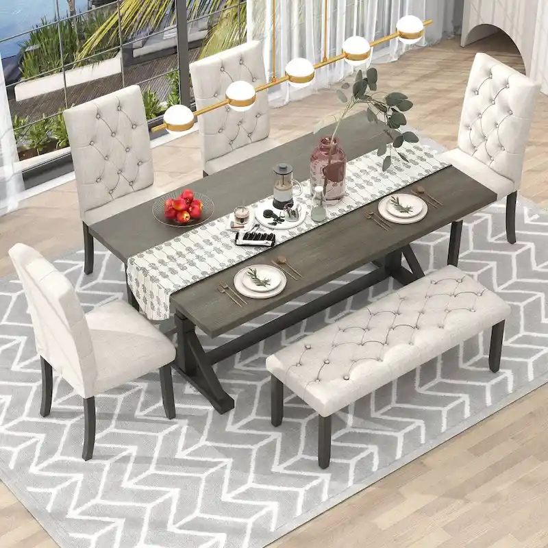 6-Piece Farmhouse Dining Table Set 72 Wood Rectangular Table, 4 Upholstered Chairs with Bench
