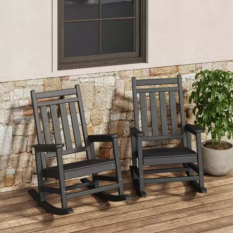 Outdoor Rocking Chair, High-Back HDPE All-Weather Rockers & Poly Lumber Furniture for Patio and Porch,Grey