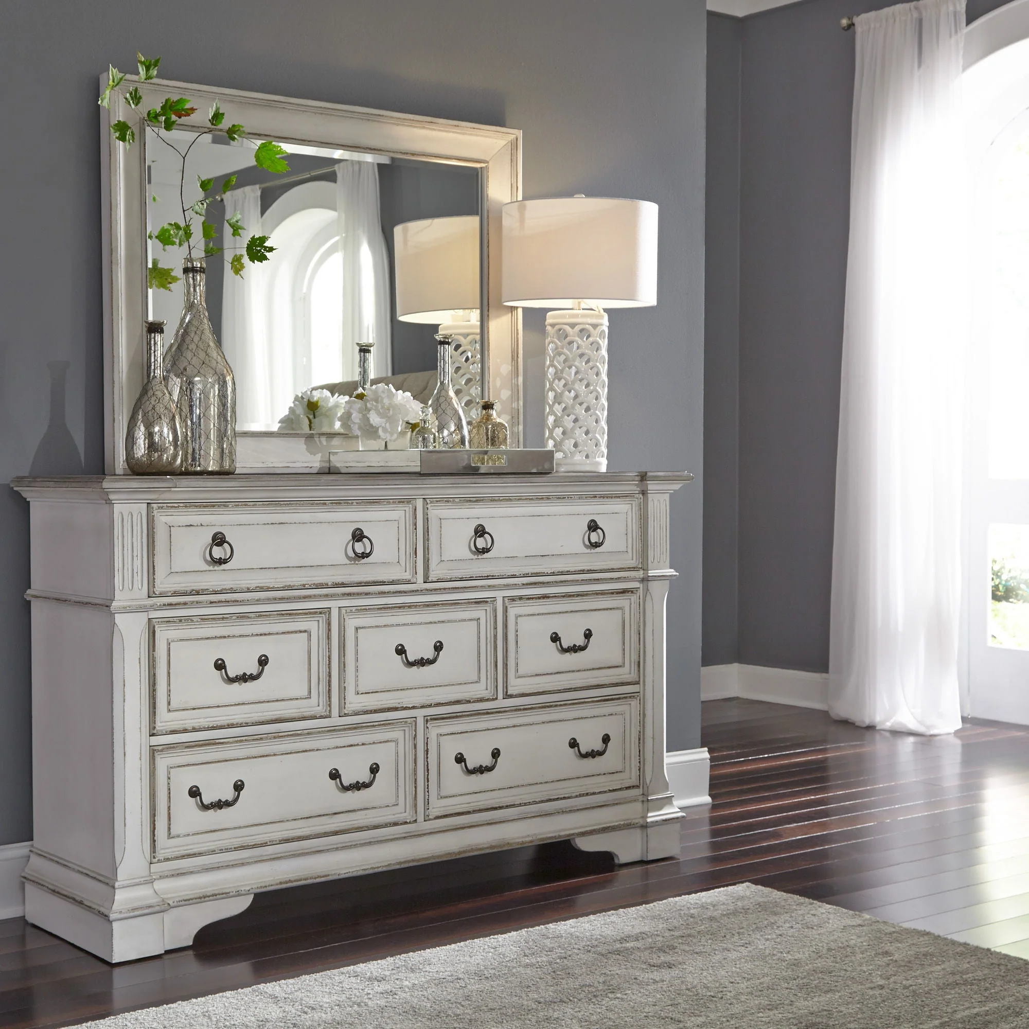 Dresser & Mirror - Antique White — Bail and drop ring hardware in antique pewter add the finishing touch to the cases