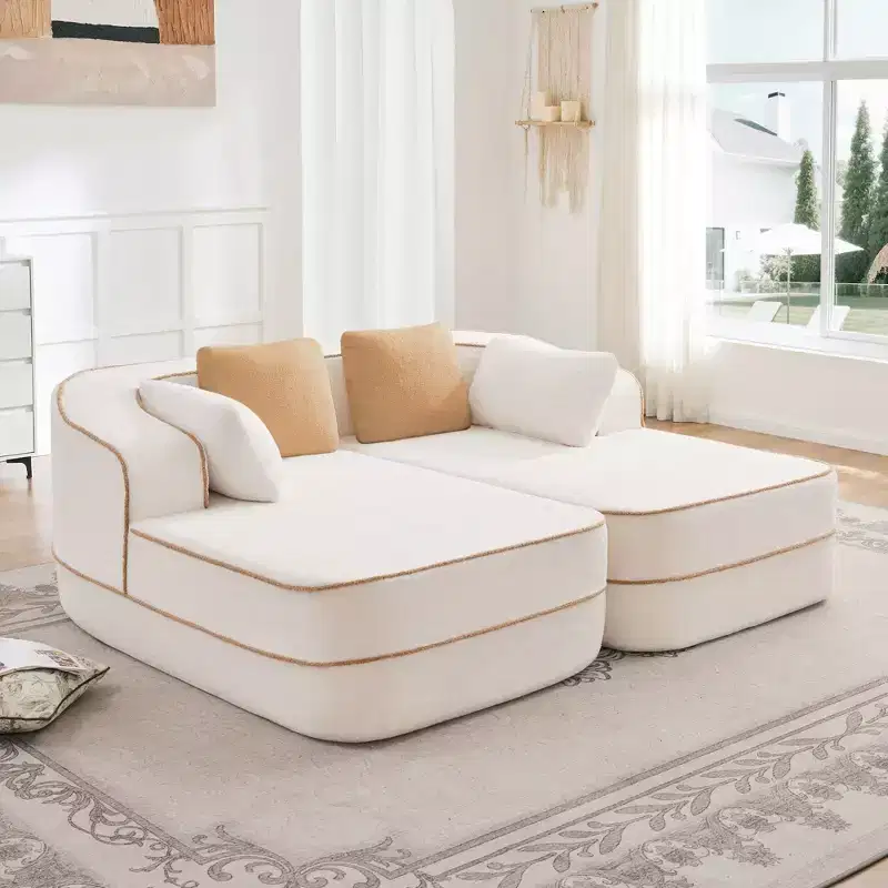 Teddy Fabric No Assembly 32D High Density sponge Boneless Sofa,Fluffy Comfy Couch with double Chaises,Sleeper sofa for Living Room,White