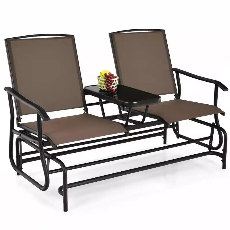 Gymax 2-Person Outdoor Glider Bench with Center Glass Table Patio Swing Lounge Chair Garden Loveseat Rocker Brown