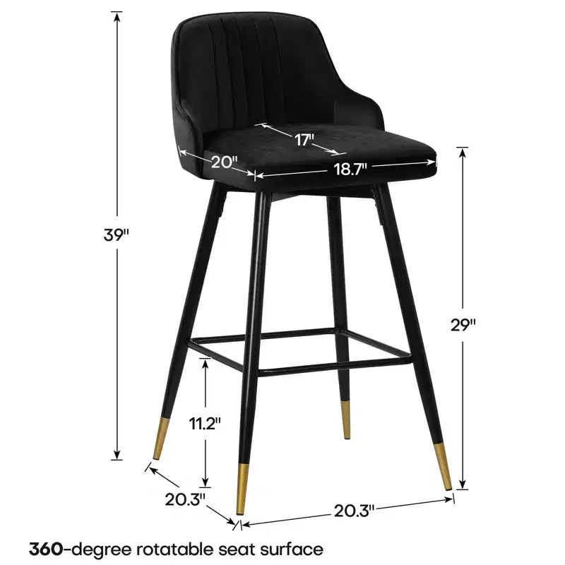 Bekrvio Swivel Barstools with Back, Counter Height, Velvet Upholstered, 29, Black