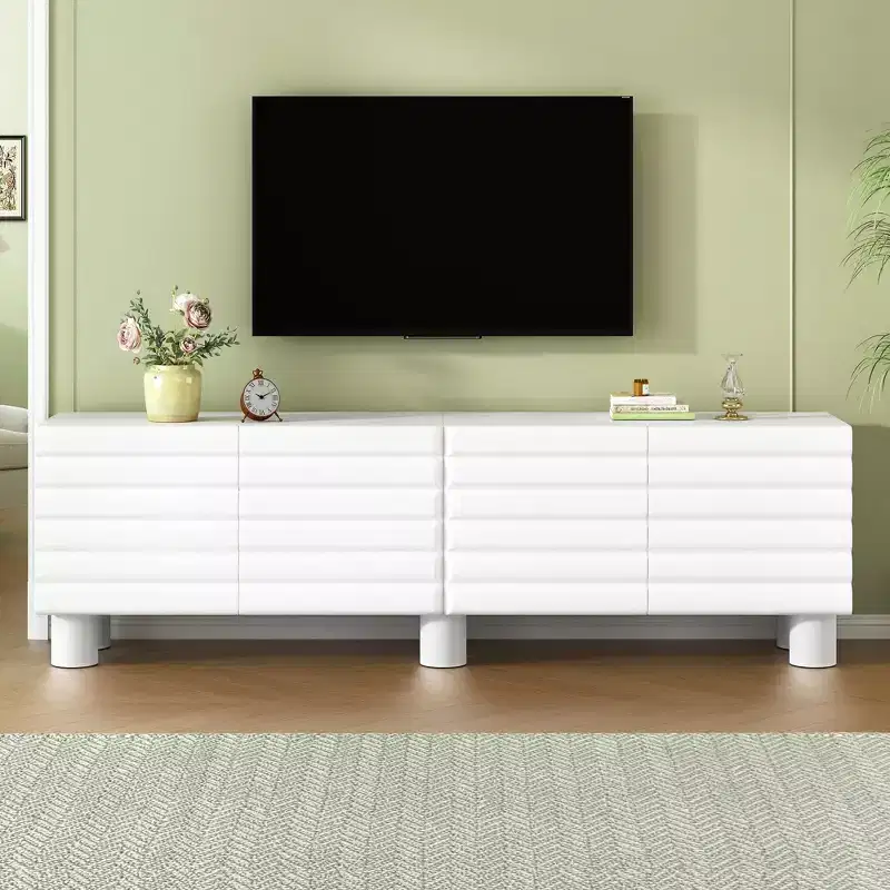 JVNOXK 70-inch Wave-Style TV Console with Adjustable Shelves and 4 Cabinets, Accommodates TVs up to 75 inches; Ideal for Living Rooms, White