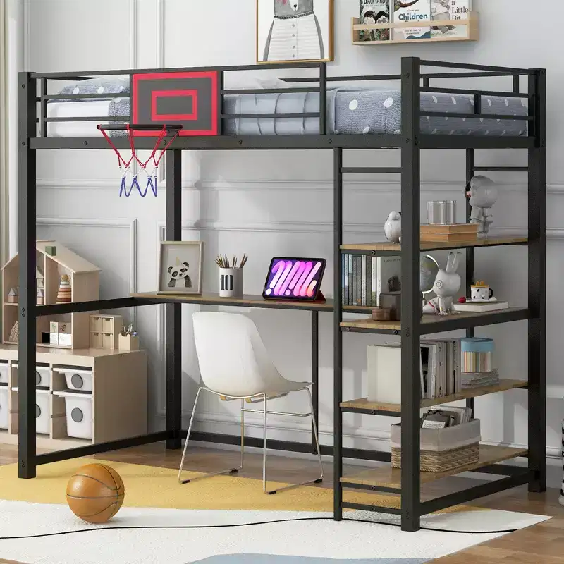 Twin Size Metal Loft Bed with Desk and Shelves, Heavy Duty Loft Bed Frame with Basketball Hoop, Black