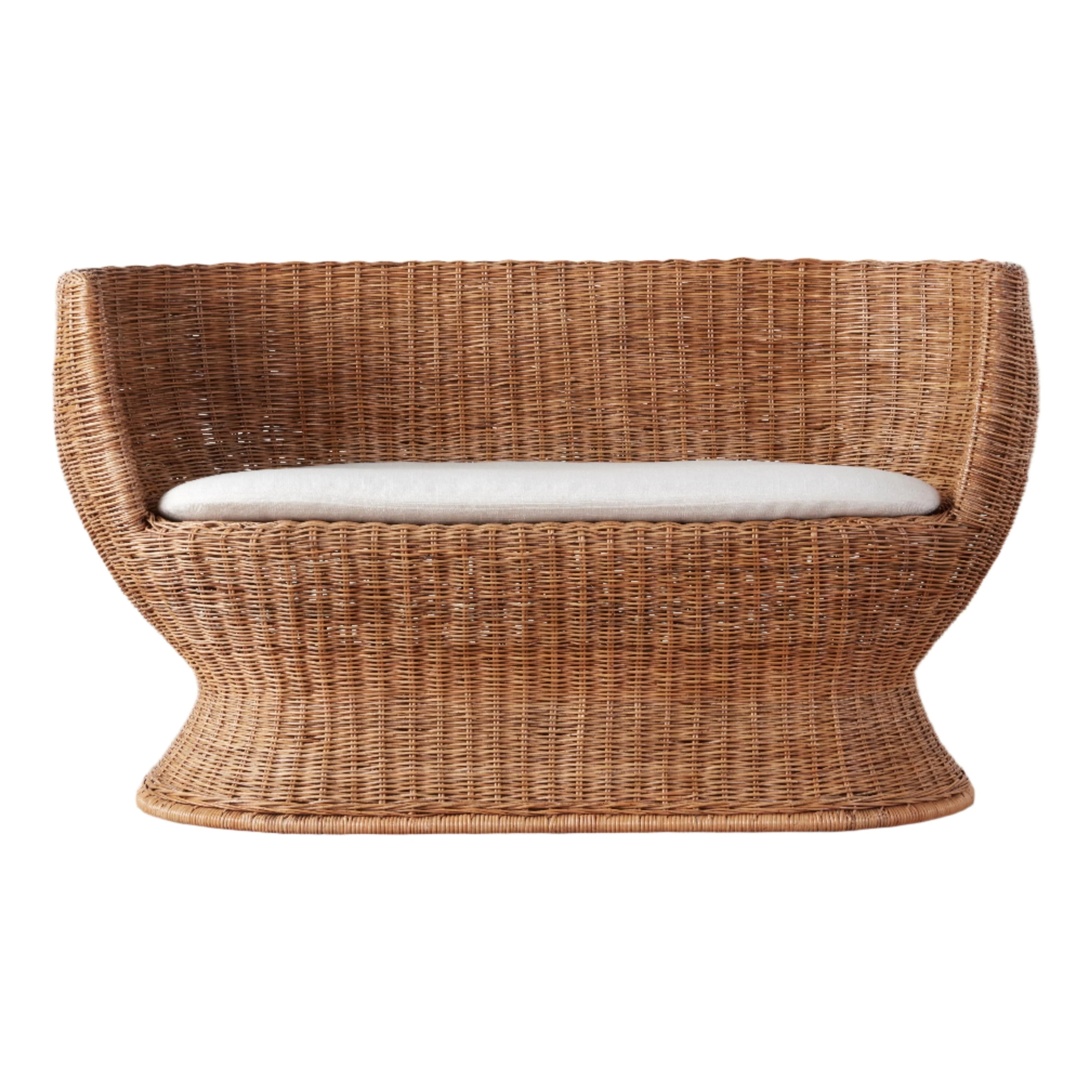Vintage-Inspired Sustainably Harvested Rattan & Belgian Linen Settee with Statement Woven Frame for Living Room or Patio