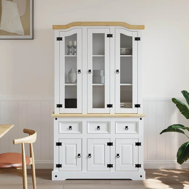 vidaXL Highboard, 44.1x17x77.2 Inches, White and Natural Finish Top - 44.1 x 16.9 x 77.2