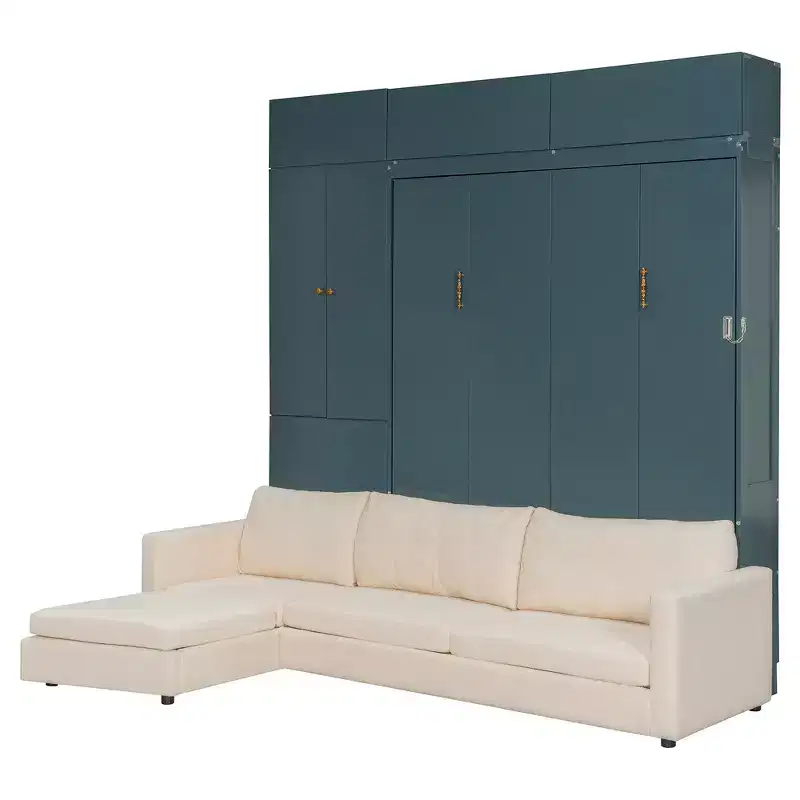 Queen Murphy Wall Bed with Beige Sofa and Shelves, Green Panel