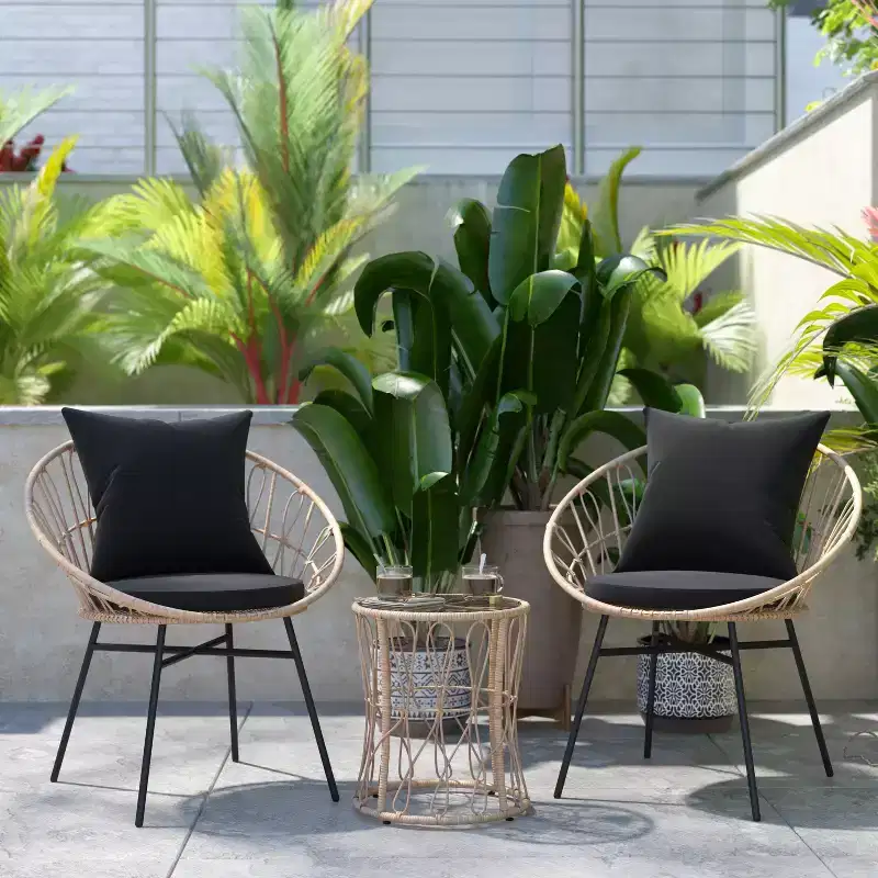 Emma and Oliver 3 Piece Boho Patio Set - Faux Rattan Rope Papasan Style Chairs with Cushions and Glass Topped Side Table