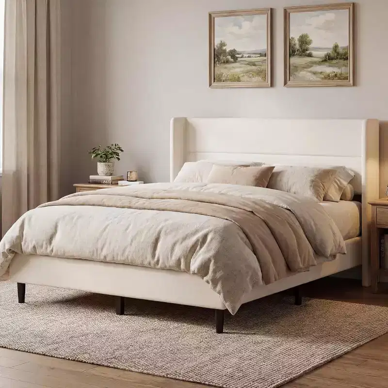 Velvet Upholstered Platform Bed Frame with Tufted Wingback Headboard