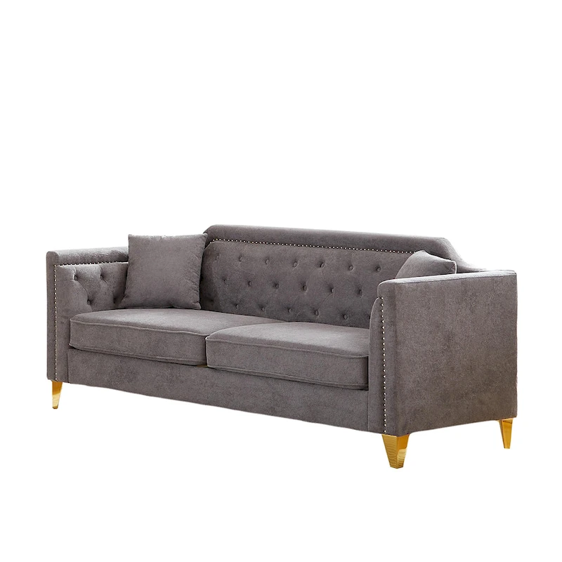 Grey 61.5 Chenille 3-Seater Tufted Sofa with Copper Nail Arms, 2 Pillows
