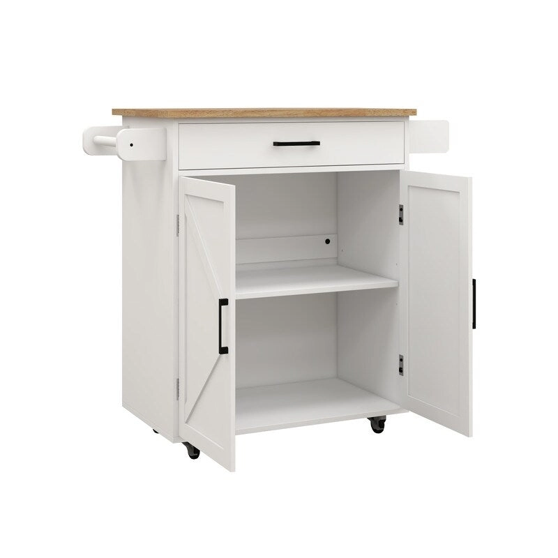 Kitchen Island Rolling Trolley Cart with Adjustable Shelves & Rubber Wood table top