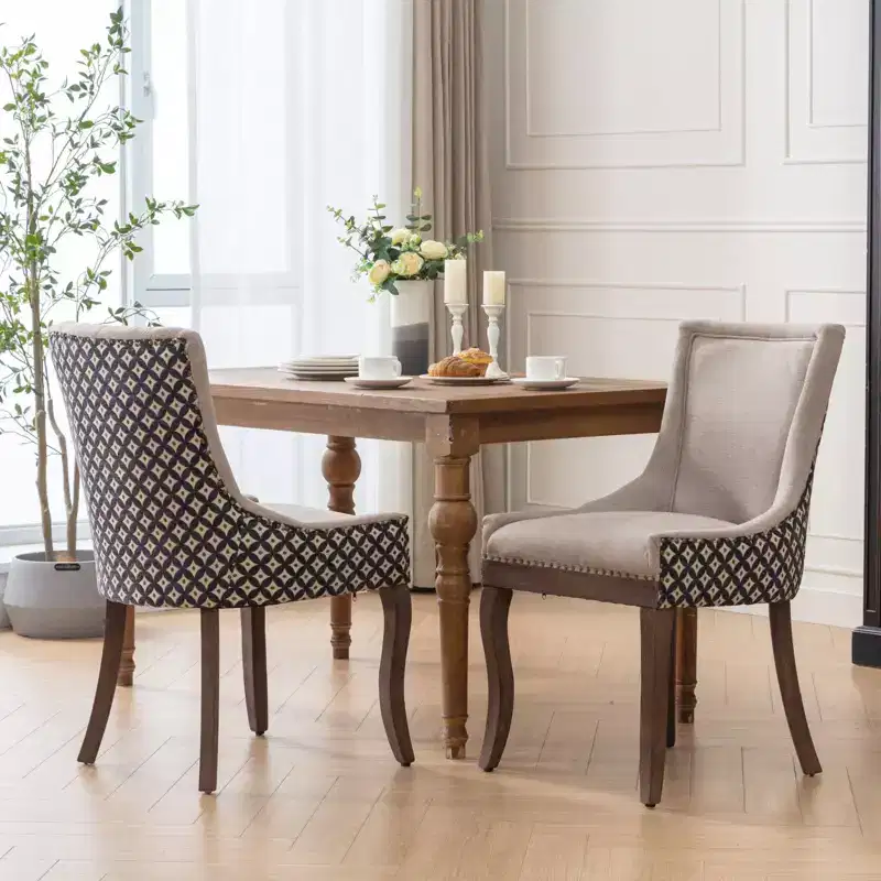 Okak Retro Dining Chairs Set of 2, Comfy Fabric Chairs with Thick Cushions, Kitchen Side Chairs with Solid Wood Legs Bronze Nail Head