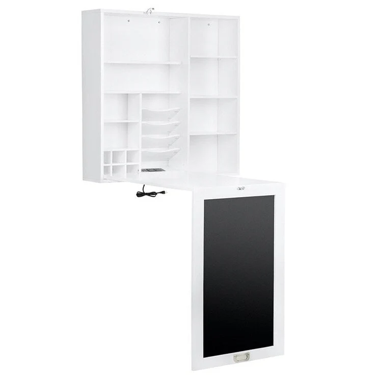 Collapsible Fold Down Desk Table with Storage Cabinet & Shelves, Computer Desk Storage with USB Charging, White