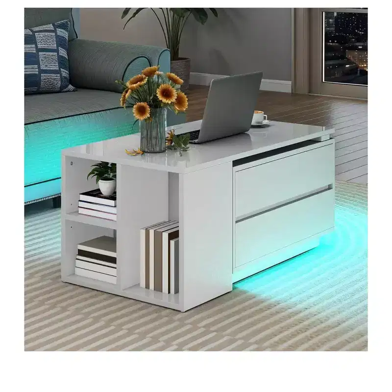 Convertible Extendable LED Coffee Table with 4 Storage Drawers and Open Shelves, White