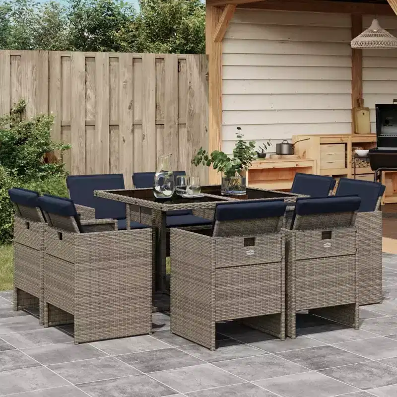 vidaXL Patio Dining Set, 8-Piece Outdoor Gray Rattan Dining Table and Navy Blue Cushioned Chairs
