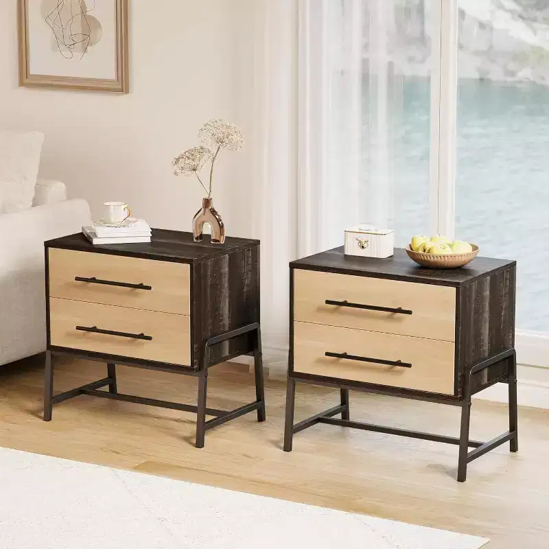 DobleePy 24 Dark Brown Farmhouse Nightstand, 2-Drawer Light Wood Side Table with Metal Legs, Bedroom Living Room Bedside Table