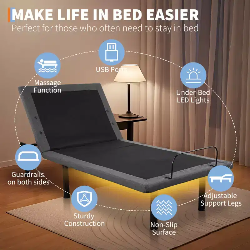 Adjustable Bed Frame, Electric Bed Base with Massage, Head & Foot Incline, Wireless Remote, 2 Built-in USB Ports, LED Night Light