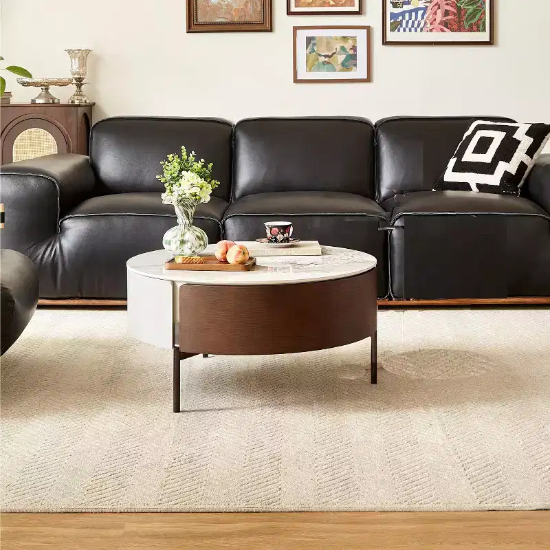 Modern Round Coffee Table, Wood & Ceramic with Drawers and Metal Legs