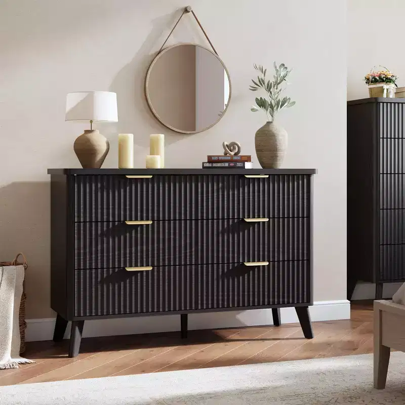 Fluted 6 Drawers Dresser, 47.2 Wide Modern Chest of Drawers with Metal Handle, Curved Profile Dresser TV Stand, Wooden Drawer Organizer for Bedroom