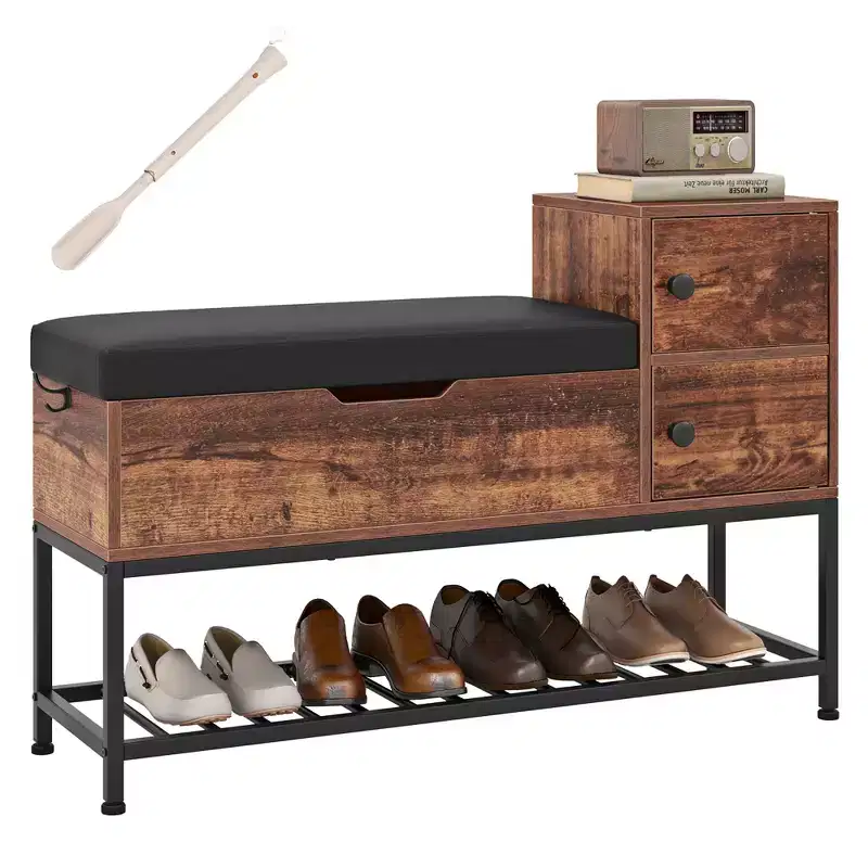 Entryway Bench Shoe Bench w/ Flip Top Box & 2 Door Cabinets PVC Seat Cushion