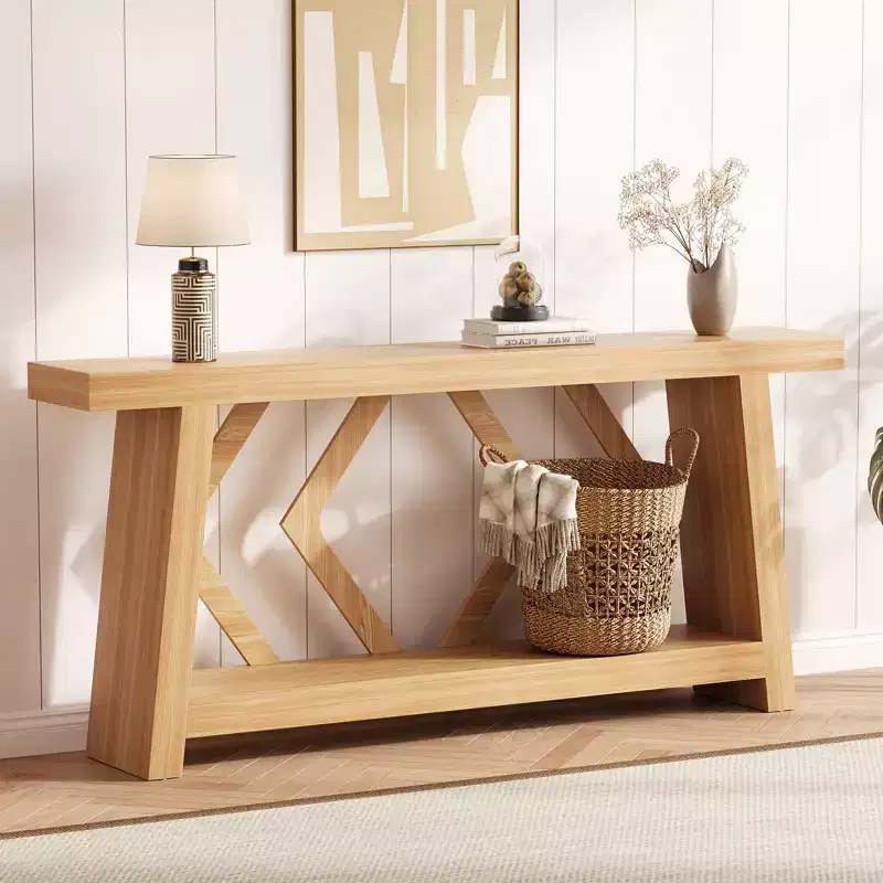 70.9 All-Wood Console Table - 2-Tier Narrow Entryway & Hallway Table - Rustic Brown Farmhouse Sofa Table with Trapezoid Legs