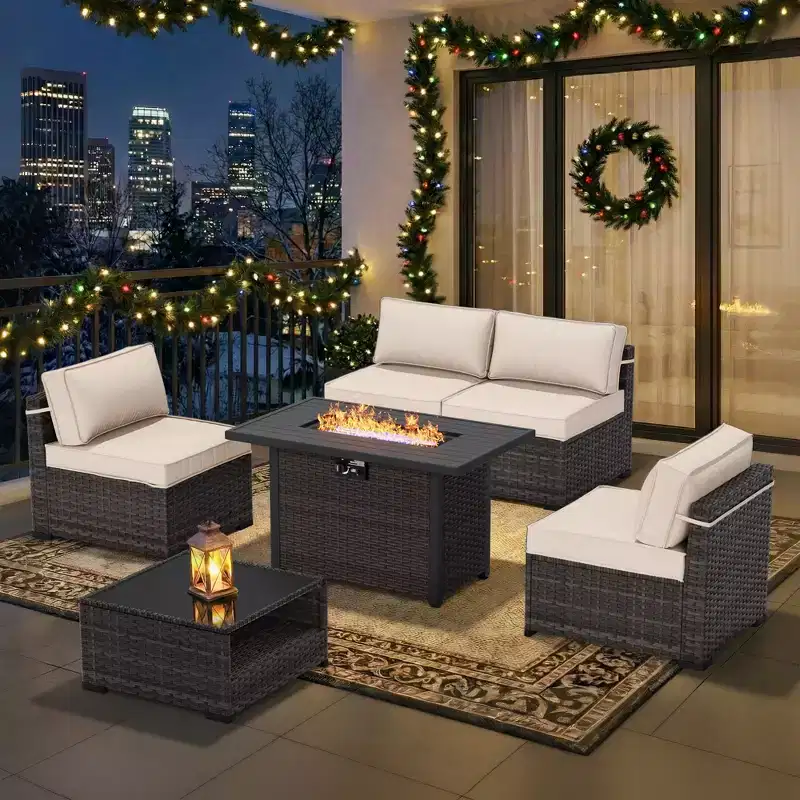 UPTIOT 6-Piece Patio Set: 4 Side Chairs, Brown Fire Pit Table & Tempered Glass Coffee Table for Stylish Outdoor Gatherings