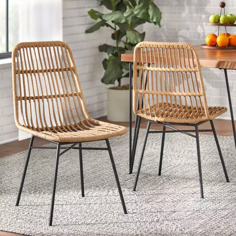 Lifestorey Set of 2 Greenville Faux Rattan Dining Chairs Natural: Mid-Century Modern, Rattan & Metal Frame, 250lb Capacity