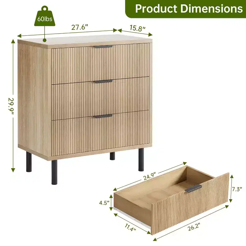 COZONY Wave Fluted 3-Drawer Dresser, Tall Wood Storage Cabinet with Metal Legs, Bedroom Dresser with Anti-Tip2 pcs with 2 boxs shipping