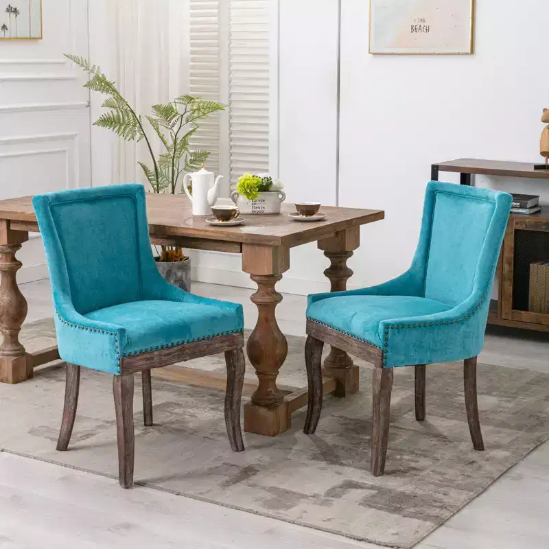 Okak Retro Dining Chairs Set of 2, Comfy Fabric Chairs with Thick Cushions, Kitchen Side Chairs with Solid Wood Legs Bronze Nail Head